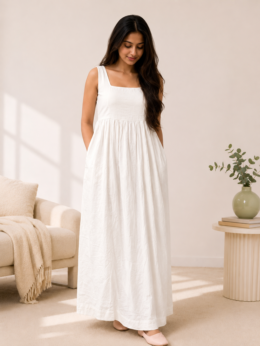 Women's Linen Dress Sewing Pattern, Easy Summer Square Neck Gathered Maxi Dress PDF
