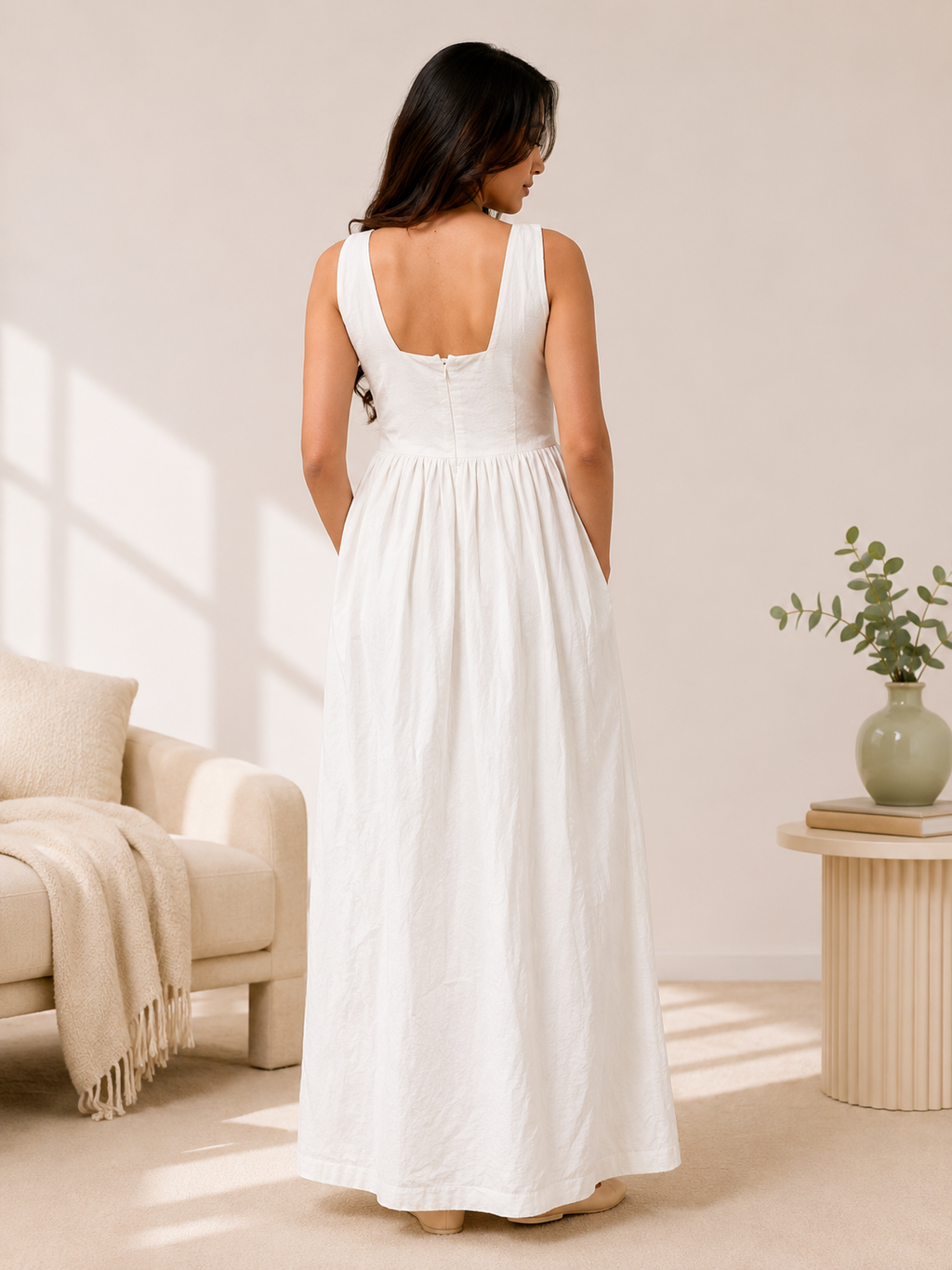 Women's Linen Dress Sewing Pattern, Easy Summer Square Neck Gathered Maxi Dress PDF