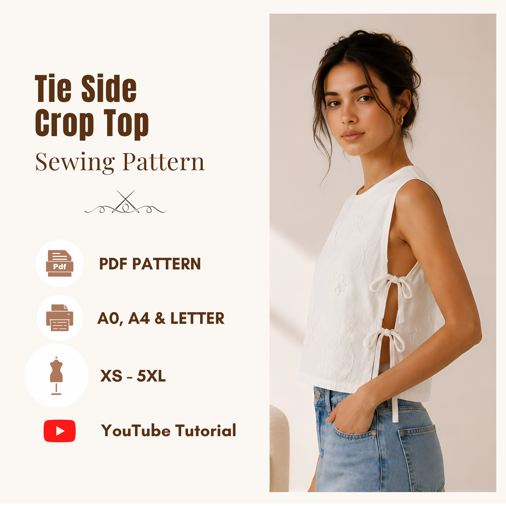 Easy Tie Side Blouse Sewing Pattern, Sleeveless Summer Top Pdf, Instant Download