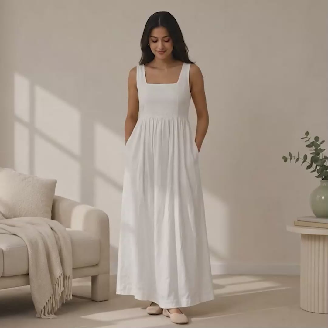 Women's Linen Dress Sewing Pattern, Easy Summer Square Neck Gathered Maxi Dress PDF